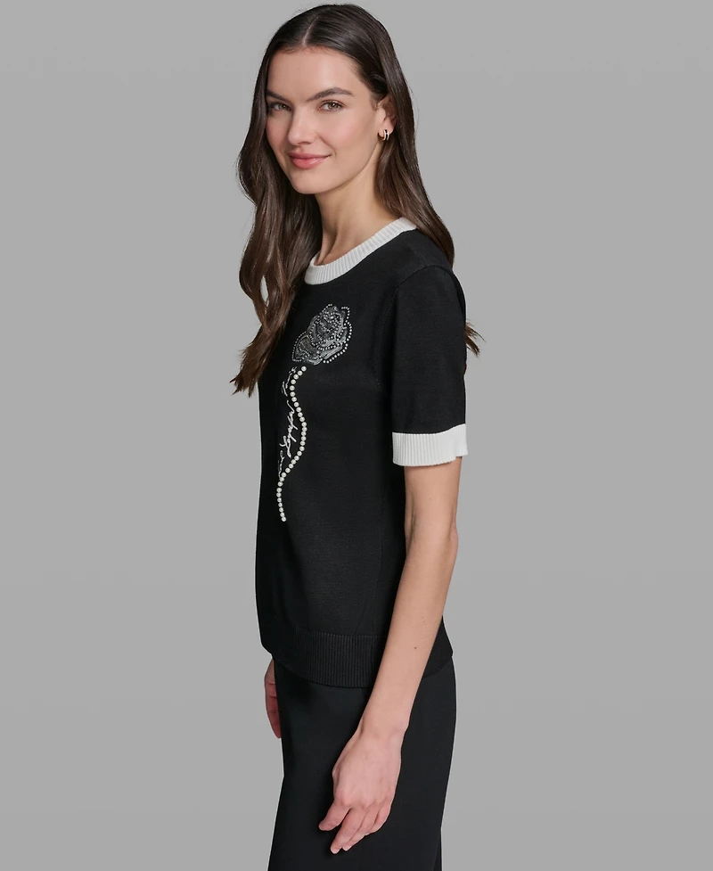 Karl Lagerfeld Paris Women's Rose Detail Crewneck Sweater