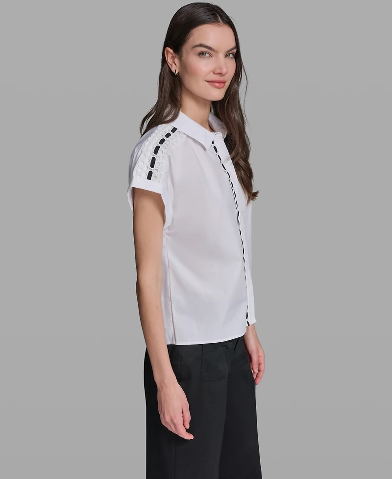 Karl Lagerfeld Paris Women's Collared Eyelet Trim Top