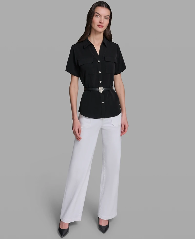 Karl Lagerfeld Paris Women's Belted Short-Sleeve Top