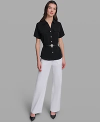 Karl Lagerfeld Paris Women's Belted Short-Sleeve Top
