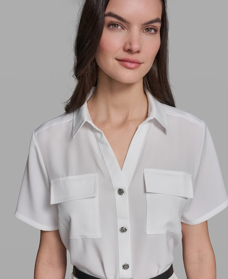 Karl Lagerfeld Paris Women's Belted Short-Sleeve Top