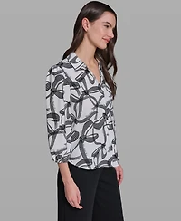 Karl Lagerfeld Paris Women's Bow Print Woven Collared Top