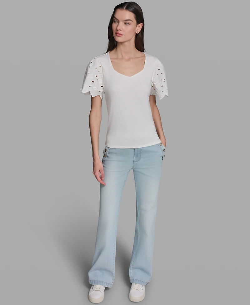 Karl Lagerfeld Paris Women's Eyelet Mix Media V-Neck Top