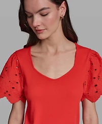 Karl Lagerfeld Paris Women's Eyelet Mix Media V-Neck Top