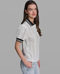 Karl Lagerfeld Paris Women's Collared Short-Sleeve Top