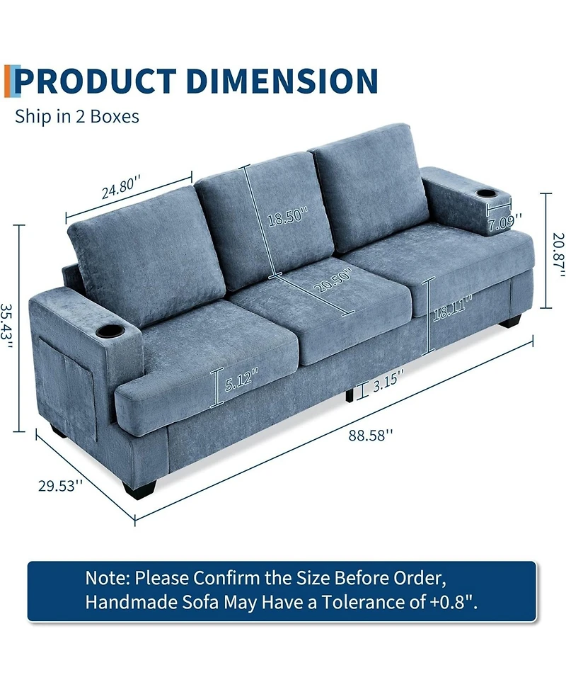 gaomon 89 Comfy Couches with Deep Seat, Modern 3-Seater Sofa Cup Holders and Side Storage Pockets for Living Room Apartment Lounge