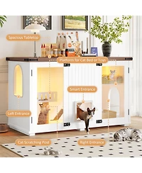 Zeus & Ruta 47.25" Led Light Litter Box Enclosure with Hidden Cat Furniture Cabinet, Stairway Scratching Post and Smart Doors