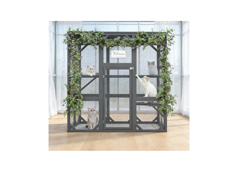 Zeus & Ruta Large Cat Haven with Elevated Sleeping Platform, 71" Wooden Frame with Asphalt Roof, Indoor/Outdoor Enclosure with Wheels