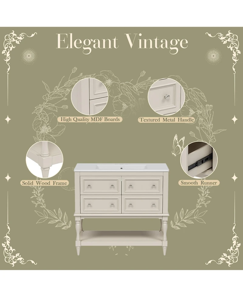 Busdays 36" Bathroom Vanity with Undermount Ceramic Sink, 4-Drawer Free Standing Cabinet, Solid Wood Frame,Finish