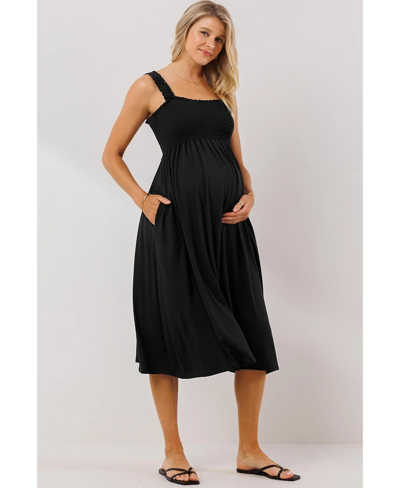 Hello Miz Maternity Smocked Bodice Sleeveless Dress with Ruffle Straps