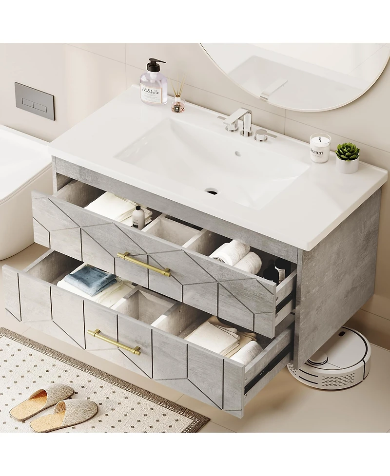 homfan Bathroom Cabinet with Sink Combo, Floating Vanity Ceramic Basin, 2 Large Drawers Gold Handle, Soft-Close Design