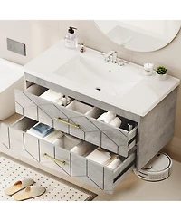 homfan Bathroom Cabinet with Sink Combo, Floating Vanity Ceramic Basin, 2 Large Drawers Gold Handle, Soft-Close Design