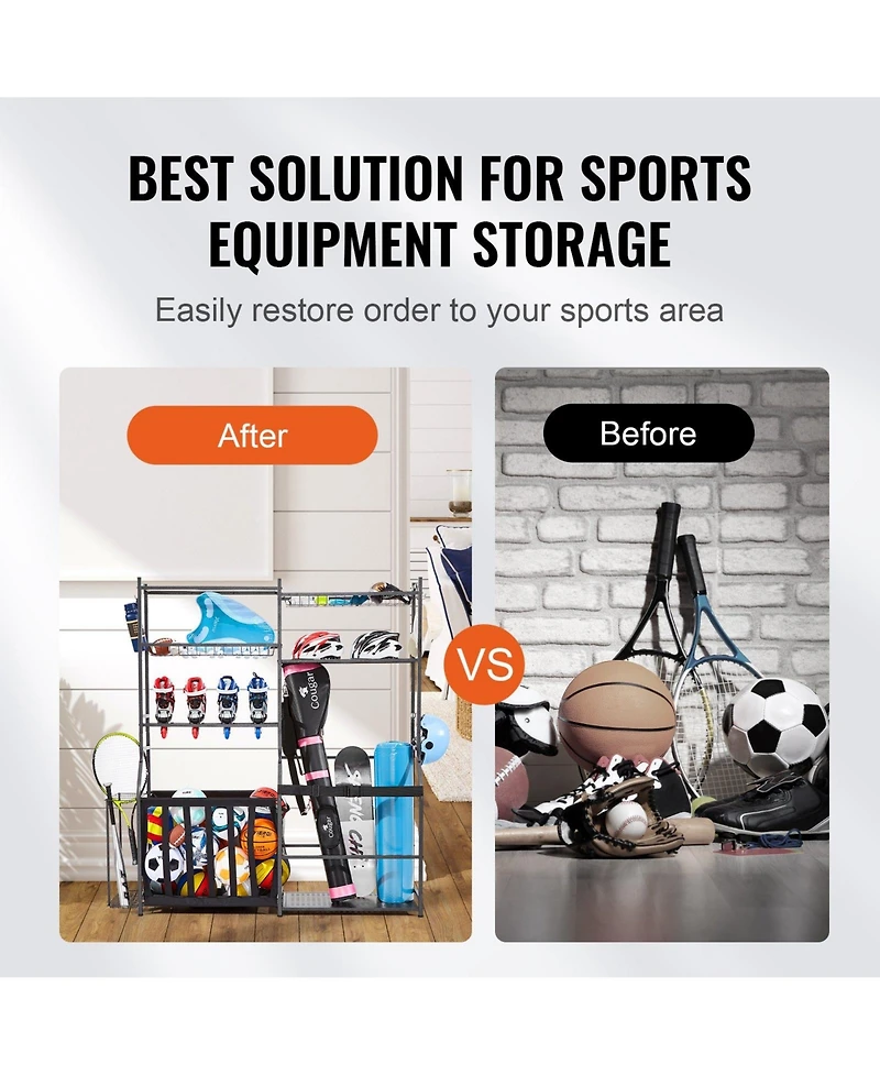 Mecale Golf Storage Organizer with 2 Golf Bag Holders, Baskets and Hooks, Steel Sports Equipment Storage Rack for Garage