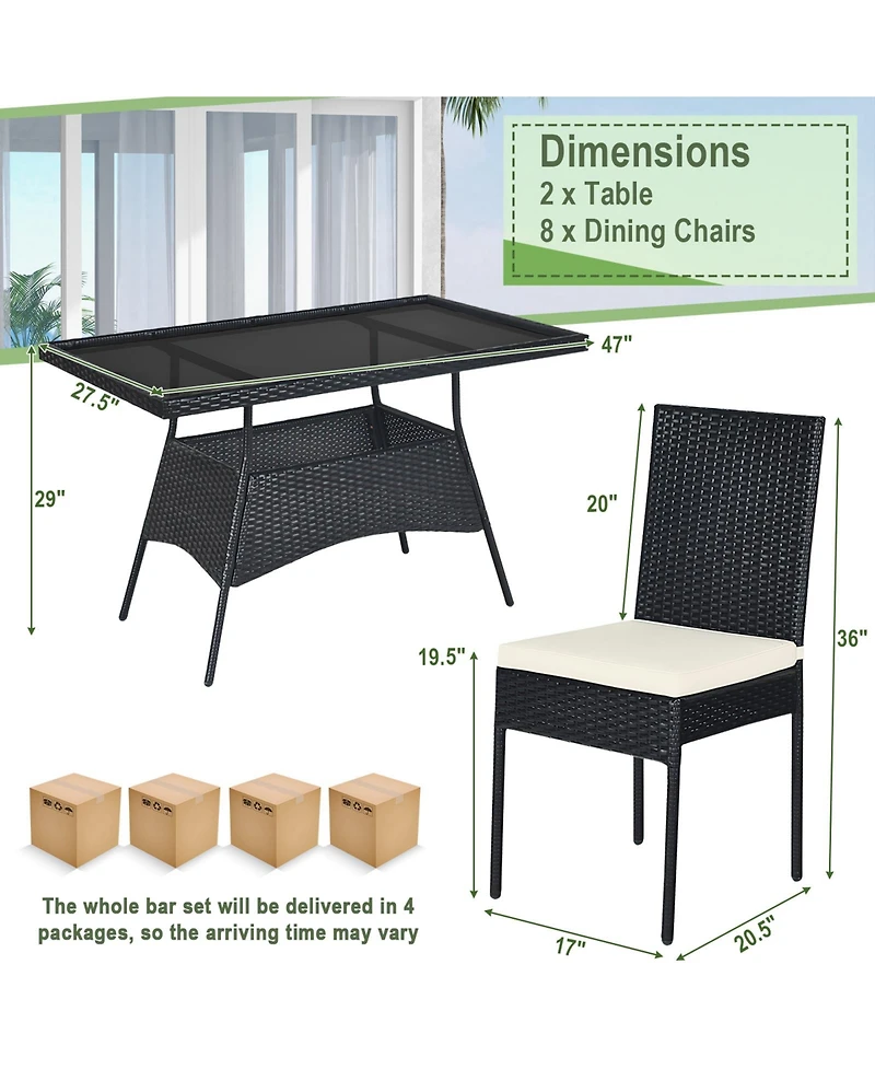 Gymax 10PCS Rattan Dining Set Cushioned Chair Table w/ Glass Top Furniture Patio