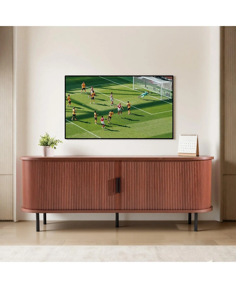 Gouun Tv Stand, Boho Entertainment Center for Tv, 350 lbs Load, Tv Media Console Table with Adjustable Storage Shelves and Rolling Door