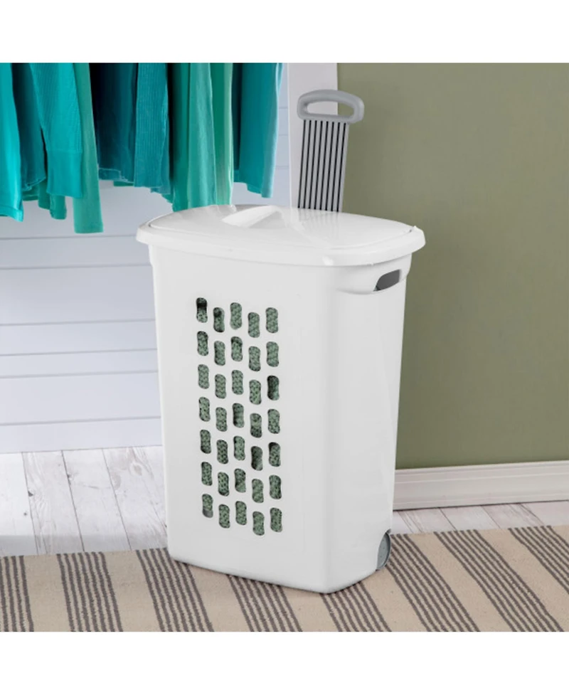 Sterilite Laundry Hamper Flip Top Lid Retractable Pull Handle Wheels, (3 Pack)