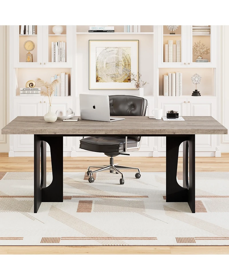 homfan Modern Rectangular Dining Table for 6-8, 71" Wooden Tabletop, Metal Pedestal Legs, Rustic Farmhouse Style, Home, Apartment, Conference Room
