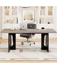 homfan Modern Rectangular Dining Table for 6-8, 71" Wooden Tabletop, Metal Pedestal Legs, Rustic Farmhouse Style, Home, Apartment, Conference Room