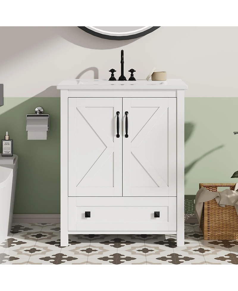 homfan Vanity with Ceramic Sink, Modern Bathroom 2 Doors and 1 Storage Drawer, Freestanding Cabinet Design