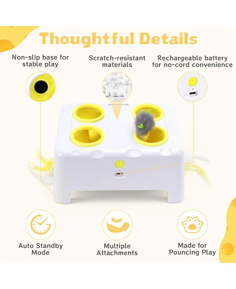 Aronkl Cheese Box Interactive Cat Toy 3-in-1 Whack A Mole 3 Modes Rechargeable Auto 4 Holes Accessories