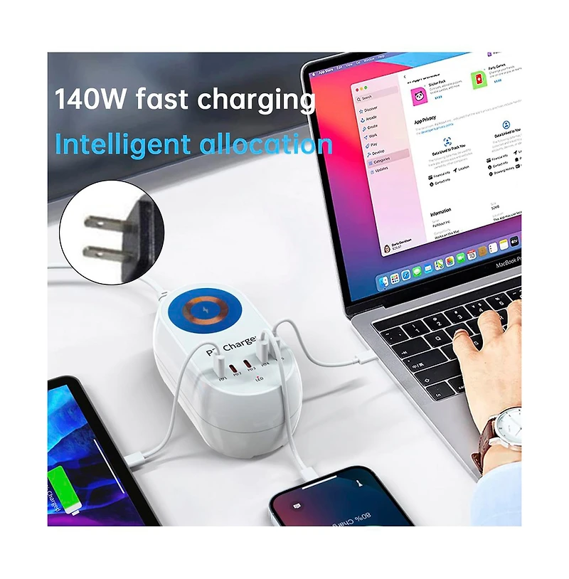 Artudatech 140W Charger - 5 Port Fast Charging Station with 100W Pd and 15W MagSafe