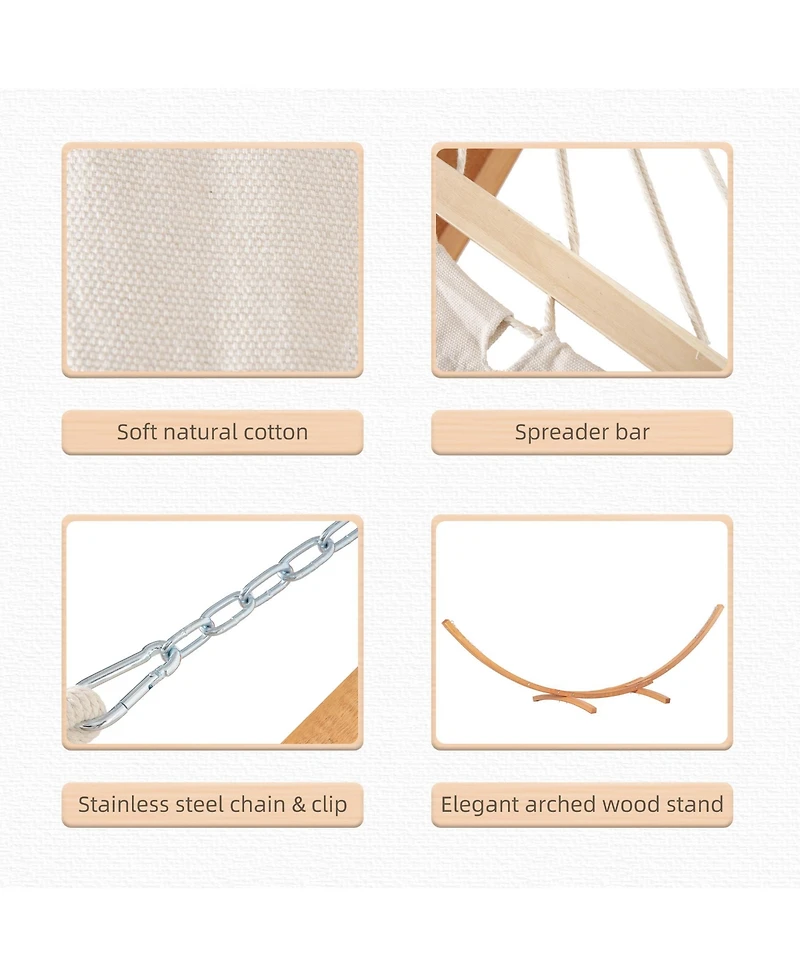 Outsunny 1-Person Hammock with Stand Set for Outside & Inside, 154" x 47" Wooden Frame, Cotton Fabric Bed, Safety Cords, 330 lbs. Weight Capacity, Ind