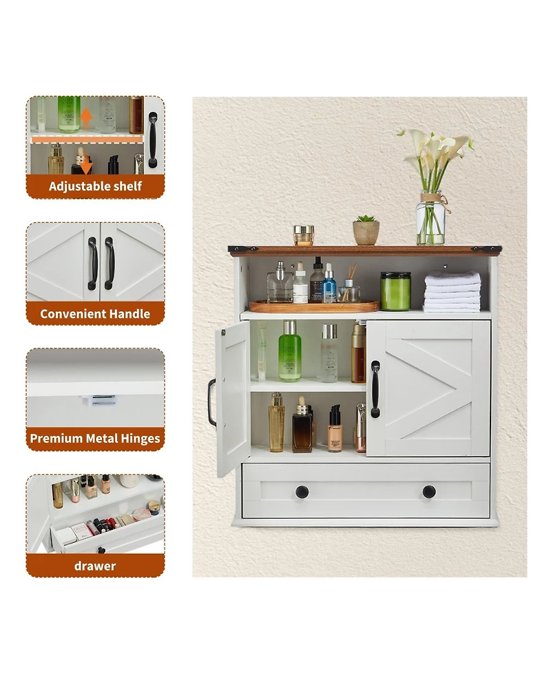 homfan Wall Mounted Bathroom Cabinet with Barn Doors - Medicine Cabinet Over Toilet, Adjustable Shelf and Drawer