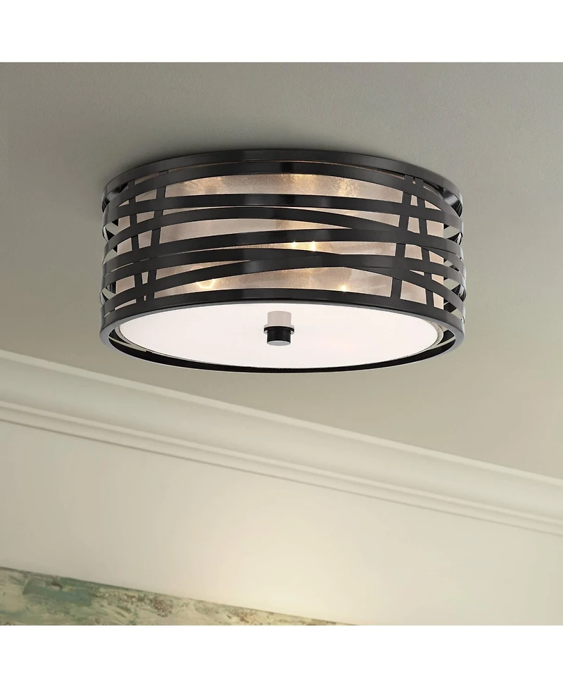 Possini Euro Design Cassia Modern Industrial Ceiling Light Flush Mount Fixture 15" Gloss Black 3-Light Champagne Shade for Bedroom House