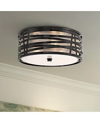 Possini Euro Design Cassia Modern Industrial Ceiling Light Flush Mount Fixture 15" Gloss Black 3-Light Champagne Shade for Bedroom House