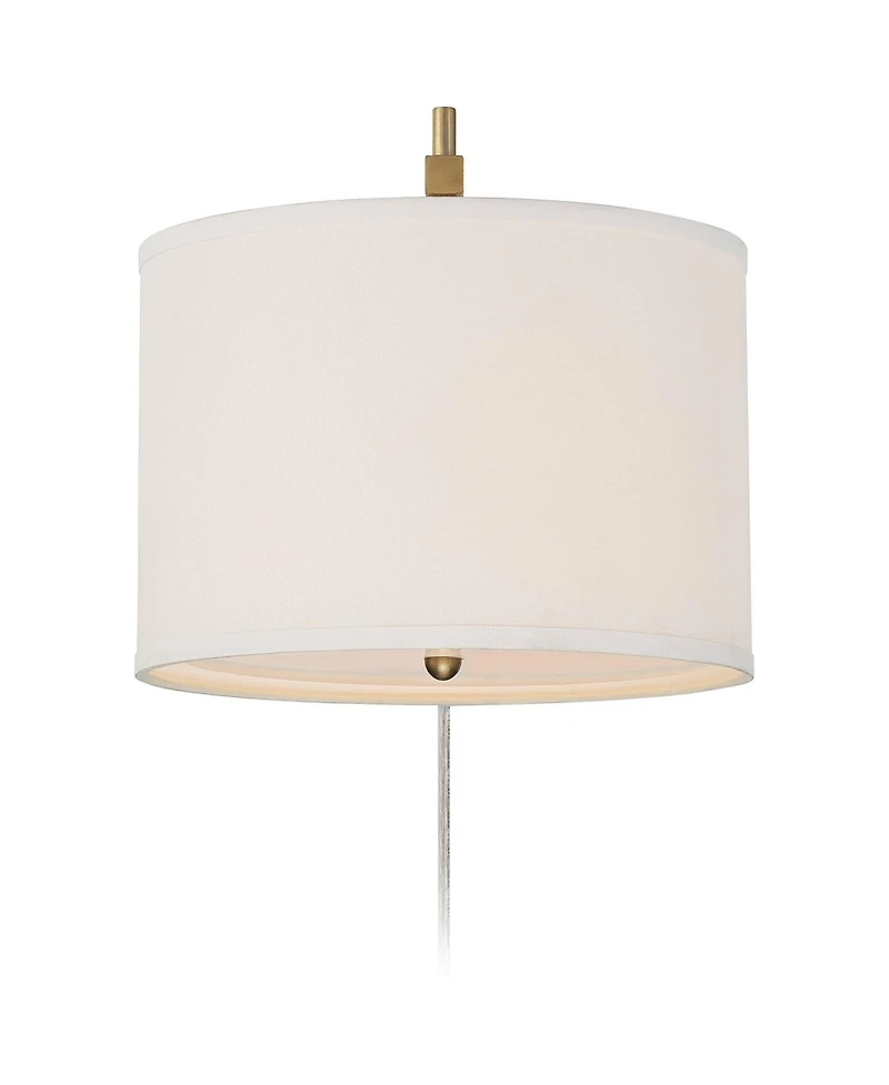 360 Lighting Adair Mid Century Modern Wall Lamps Set of 2 Smart Sockets Warm Brass Plug-In 12" Fixture Linen Drum Shades for Bedroom