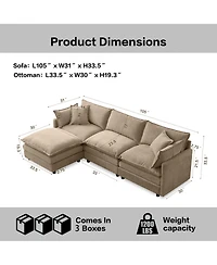 Rainsken Modern Modular Sectional Sofa, 105" Convertible L Shape Chenille Couch, 3-Seater Sofa with Movable Footrest for Home Living Room