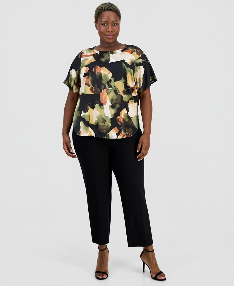 Anne Klein Plus Printed Boat-Neck Short-Sleeve Top