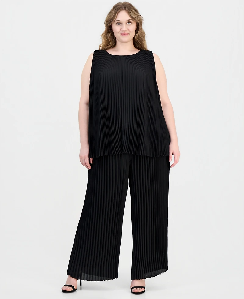 Anne Klein Plus Round-Neck Sleeveless Pleated Top