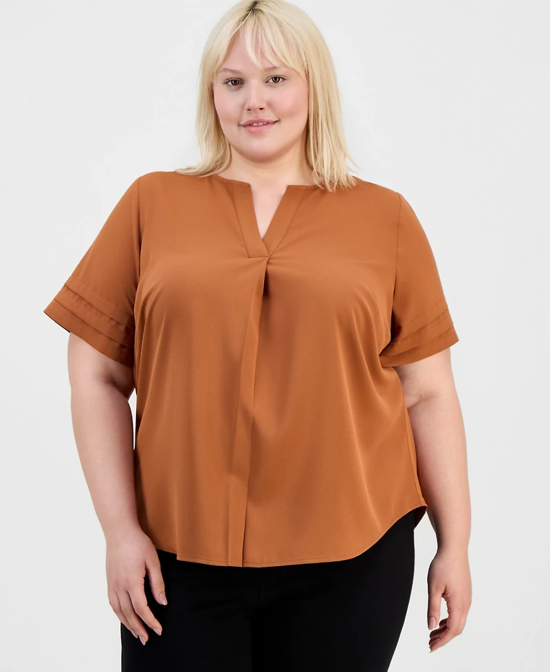 Anne Klein Essentials Plus V-Neck Pleated Popover Top