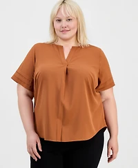 Anne Klein Essentials Plus V-Neck Pleated Popover Top