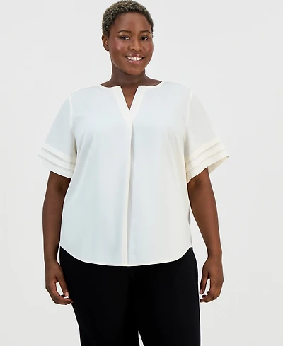 Anne Klein Essentials Plus Pleated-Sleeve Split-Neck Top