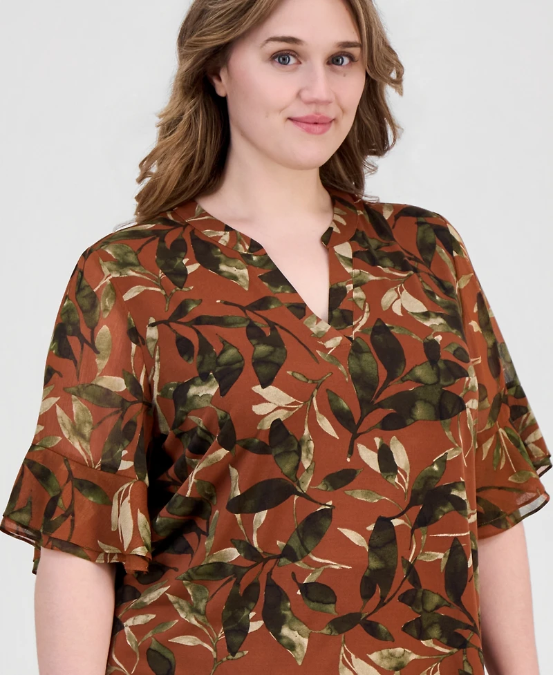 Anne Klein Essentials Plus Split-Neck Ruffled-Cuff Top