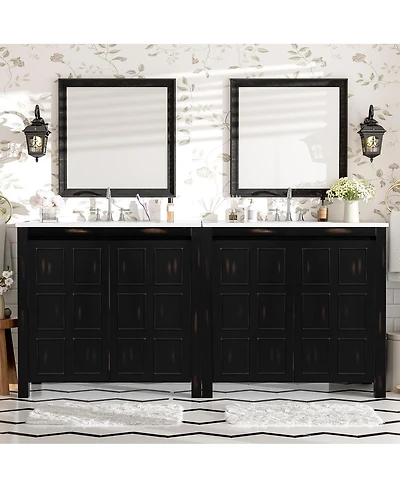 Sillysis 72 Inch Double Sink Bathroom Vanity, Solid Wood Frame, Espresso Distressed Finish, Soft Close Doors and Ceramic Top Storage Cabinet
