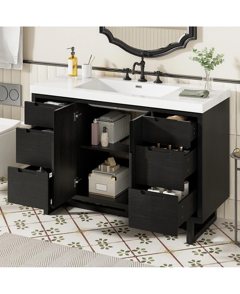 Sillysis 47.2 Inch Bathroom Vanity with Sink, Modern Freestanding Cabinet, 6 Soft Close Drawers, Smc Resin Top, Ample Storage