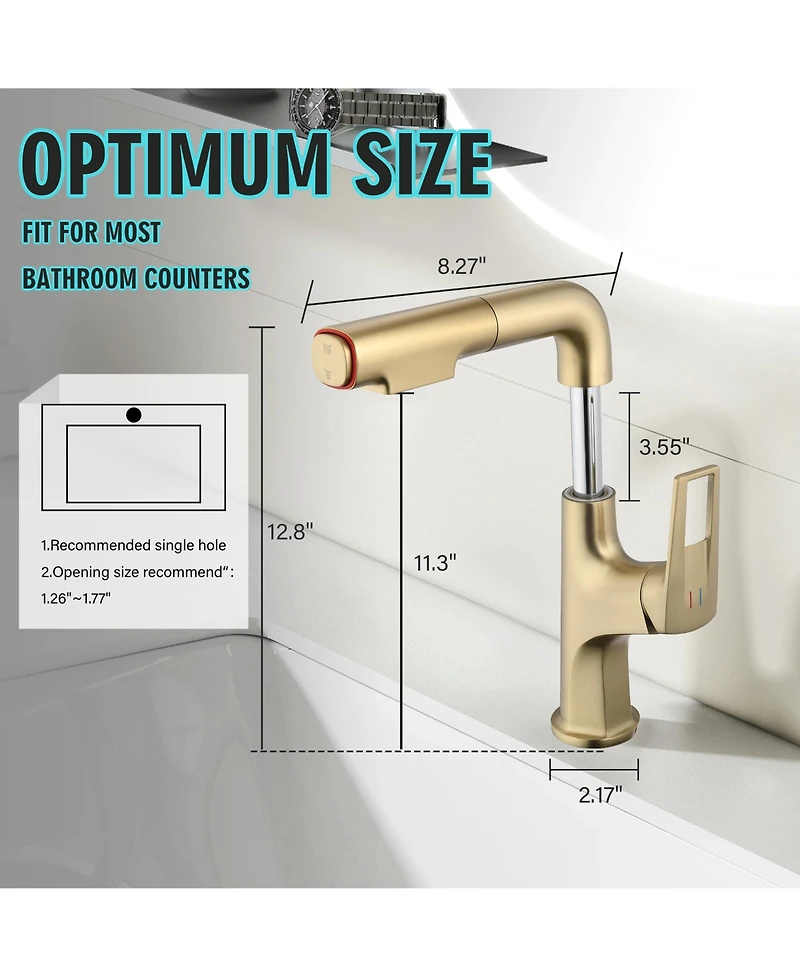Busdays Single Hole Brushed Gold Vessel Bathroom Faucet Pull Down with Lift Spout Dual Spray Modes for Sink