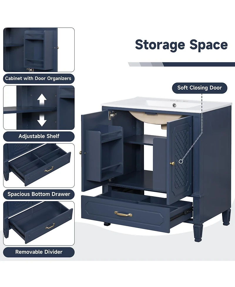 Sillysis 30 Inch Bathroom Vanity with Sink, Acacia Wood Freestanding Cabinet, Soft Closing Door, Ceramic Top, Drawer Storage