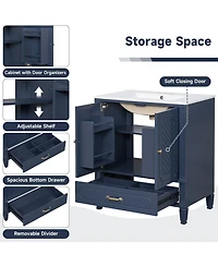 Sillysis 30 Inch Bathroom Vanity with Sink, Acacia Wood Freestanding Cabinet, Soft Closing Door, Ceramic Top, Drawer Storage