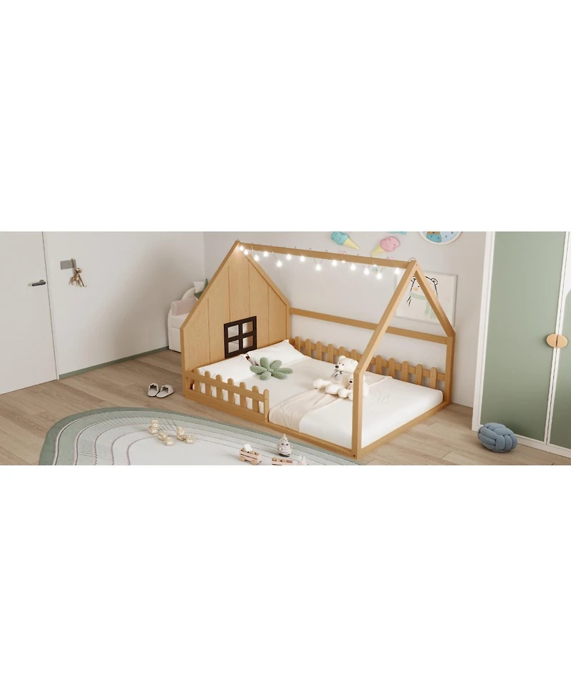flynama Full Size Wood House Bed Window Fence