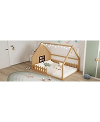 flynama Full Size Wood House Bed Window Fence