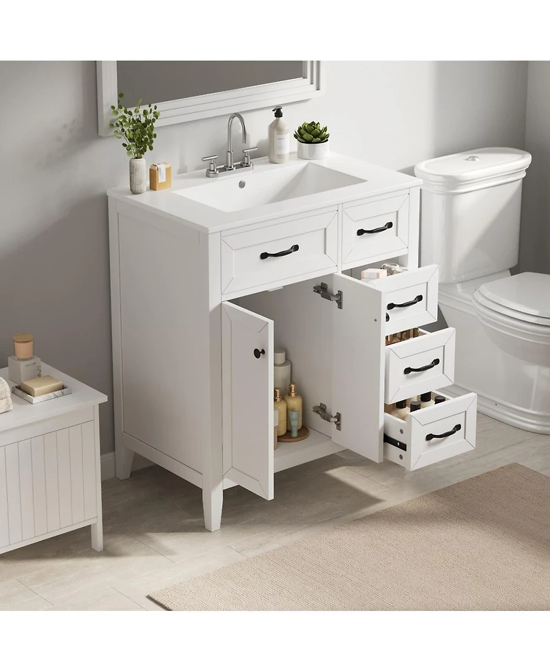 Sillysis 30 Inch Bathroom Vanity with Sink, Modern Freestanding Cabinet, Solid Wood Legs, Ceramic Top and 3 Drawers Storage