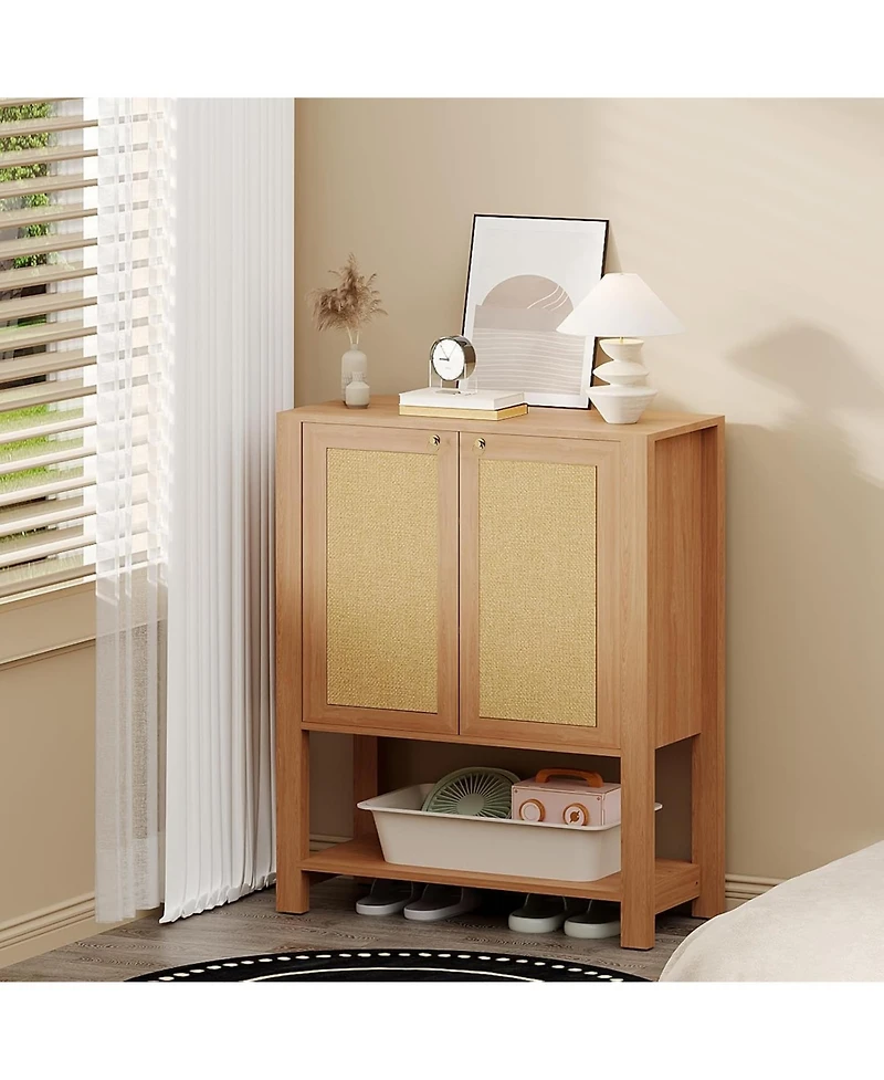 gaomon Rattan Shoe Cabinet for Entryway, Farmhouse Boho 5 Tier Rack Freestanding Wood Storage with Adjustable Shelves