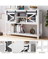 gaomon farmhouse entryway table with sliding barn doors, rustic industrial console with storage and open shelf for hallway or living room.