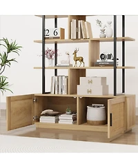 gaomon Industrial 5-Tier Rattan Bookcase with Storage Cabinet and Door, Metal Frame