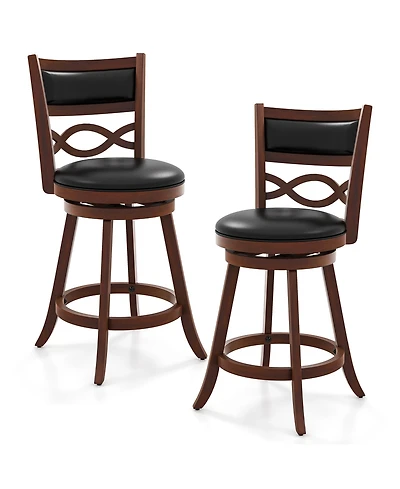 Gymax Bar Stools Set of 2 with Rubber Wood Frame Faux Leather Upholstered Seat