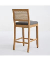Maison Boucle Seat Solid Wood Rattan Back Bar Stools, Linen Cushion, Set of 2